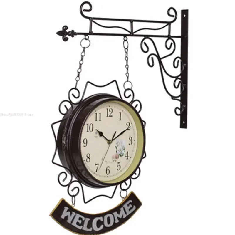 Doppelseitige Wanduhr aus Schmiedeeisen im mediterranen Stil, Willkommen, Stummschaltung,