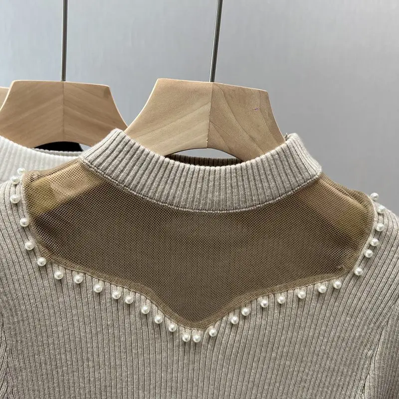 Autumn Winter Women Beading Sweater Fashion Elegant Mesh Knitted Jumper Female Solid Color All-match Half Turtleneck Pullover