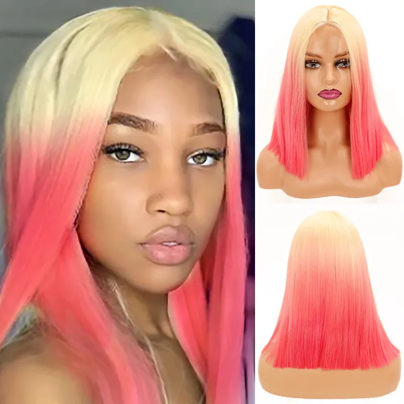 14inch Pink Wigs for Women,Long Straight wigs No Lace Colored Wigs with Bangs,Synthetic Wigs for Daily Cosplay Party Replacement