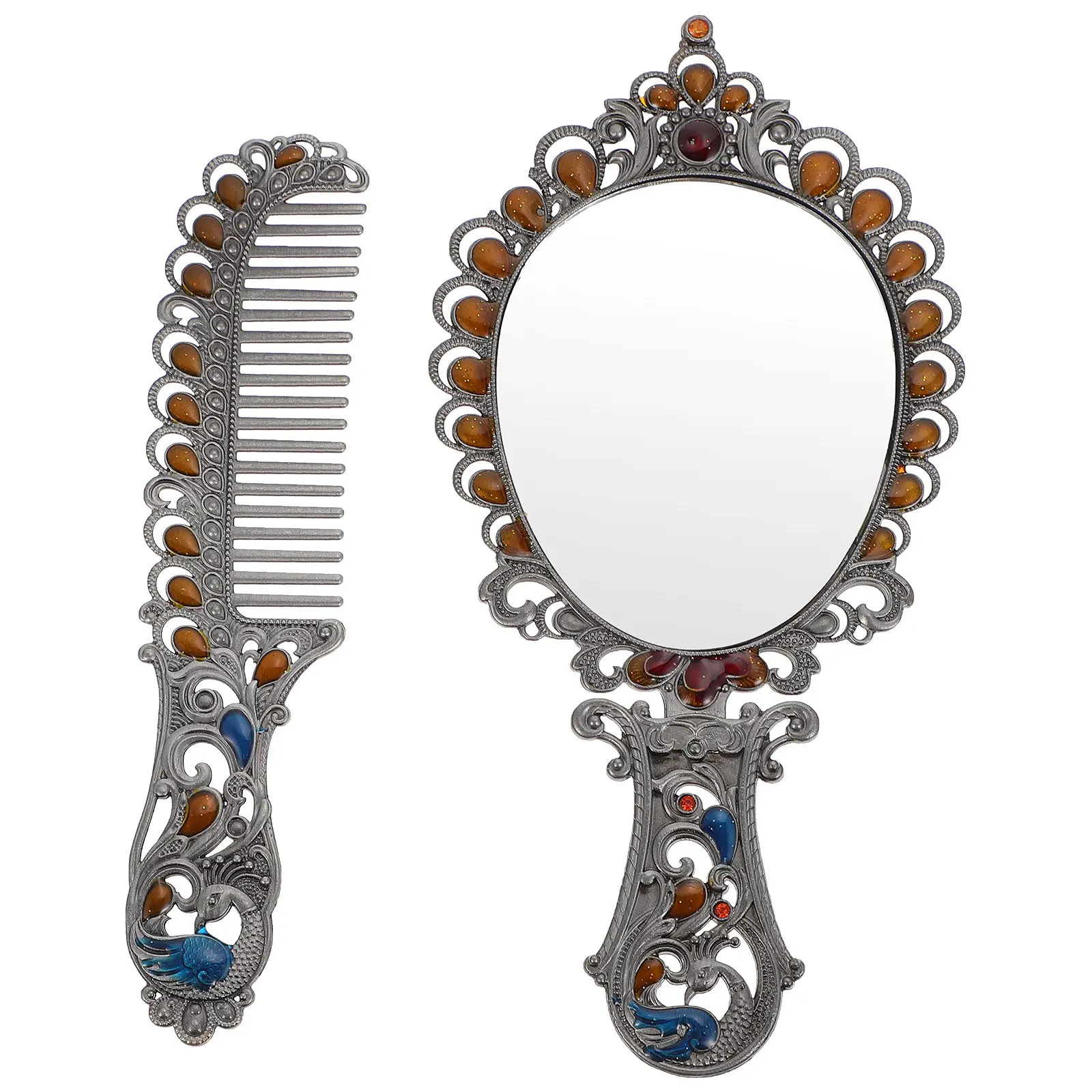 

Набор из 2 предметов: винтажное зеркало для макияжа с тиснением в виде павлина и расческа, компактное портативное мини-зеркало для путешествий, прочный инструмент для женщин, подарок