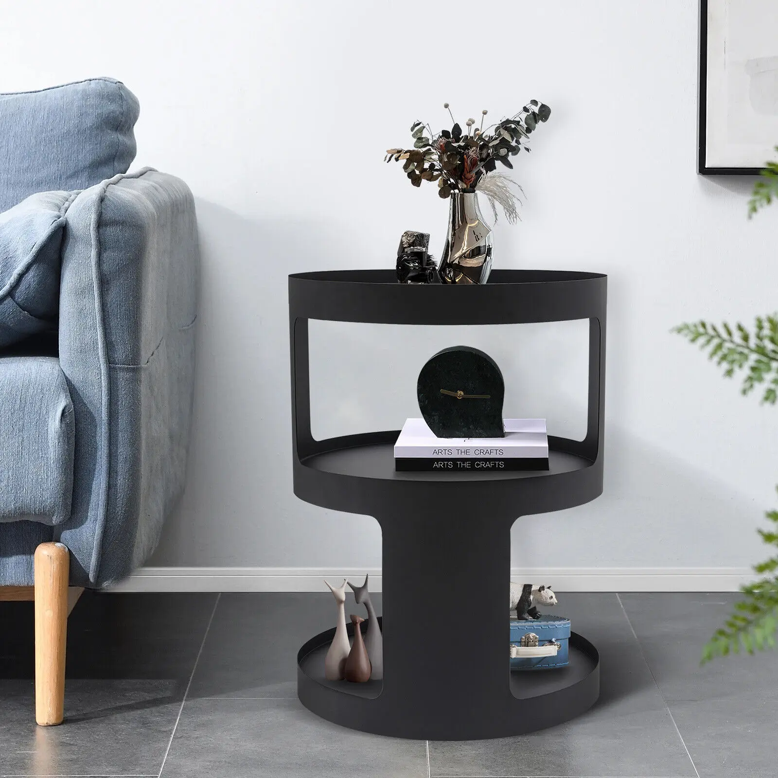 

2-Tier Round End Bed Side Table Coffee Sofa Table Nightstand Living Room Black