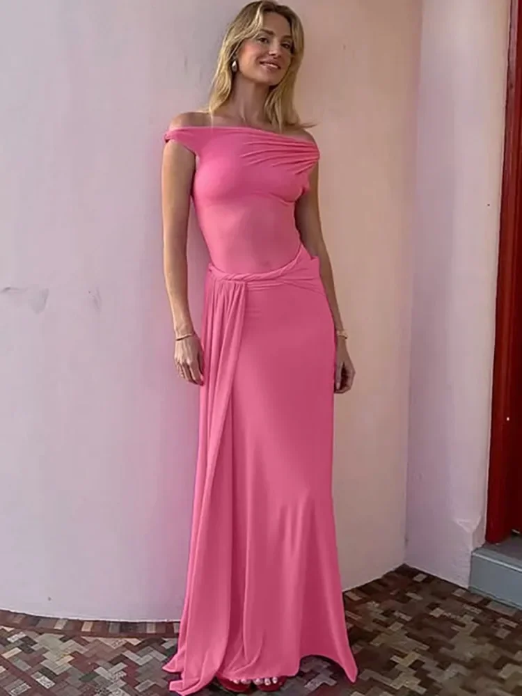 XIAOTANG 傾斜ショルダーバックレスセクシーなマキシドレス女性ガウンファッションノースリーブシースルードレープクラブロングドレスエレガント