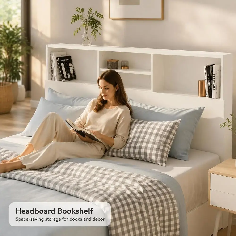 Testiera per letto a forma di libreria bianca, testiera per letto in legno composito con 4 ripiani per riporre libri e oggetti decorativi in camera da letto, unità moderna con ripiani per testiera,