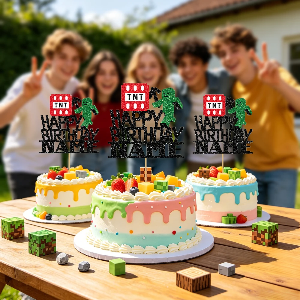 1/3/6 Pcs Of Glitter Minecraft Game Cake Decoration - Personalized Name Design - Suitable For Birthday Parties, Fan Gatherings view 3