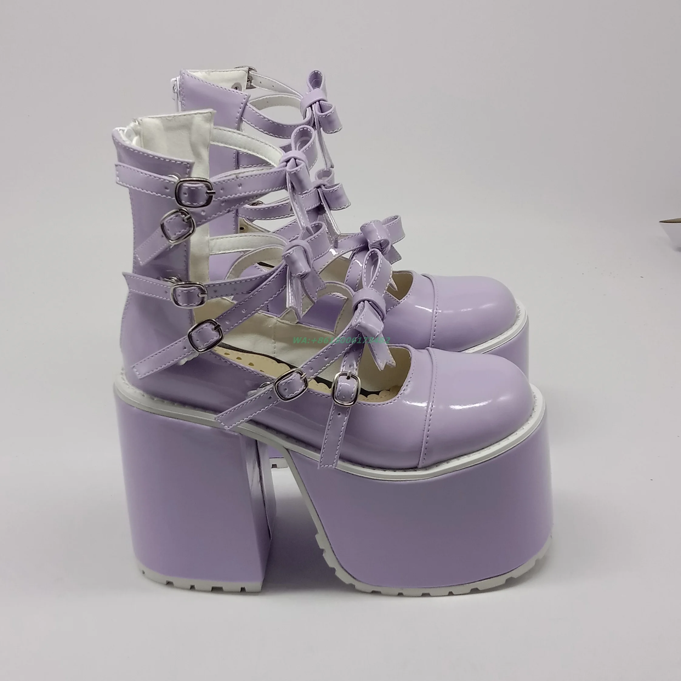 design candy color patent leather high platform Bow straps Lolita pumps chunky heel candy color platform bow pumps plus size 46