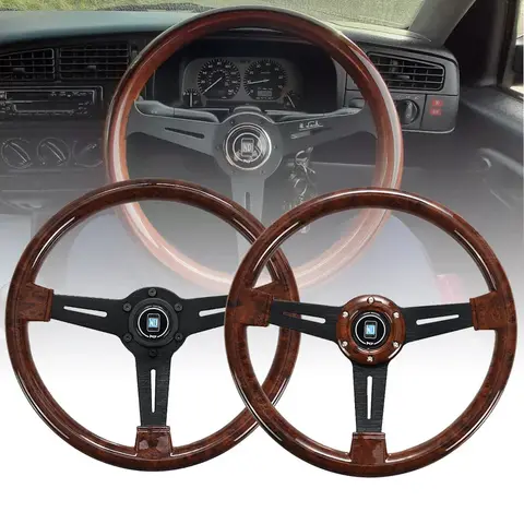 Volante de Corrida Universal de 14 Polegadas com Acabamento em Madeira, 350mm, Retro, Profundo, para Drifting e Esportes