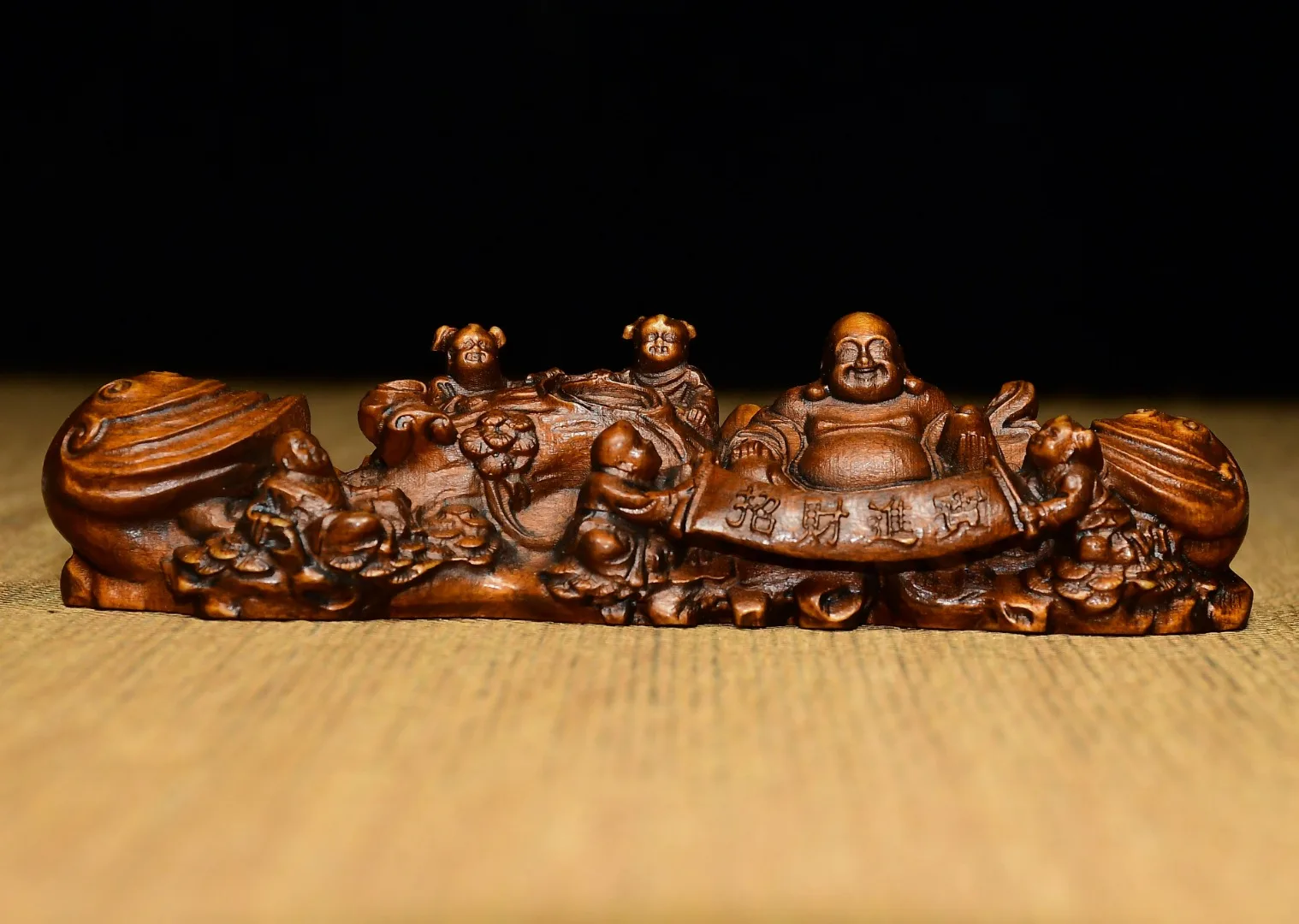 4 "مجموعة معبد التبت خشب البقس القديم مايتريا بوذا الصبي العذراء يجلب الثروة والكنز شاشة روي جمع الثروة