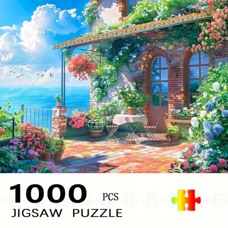 1000 قطعة من أحجية الصور المقطوعة لشرفة البحر الأبيض المتوسط - أحجية ورقية مطبوعة عالية الوضوح مع تصميم زهور نابضة بالحياة والمعمارية،