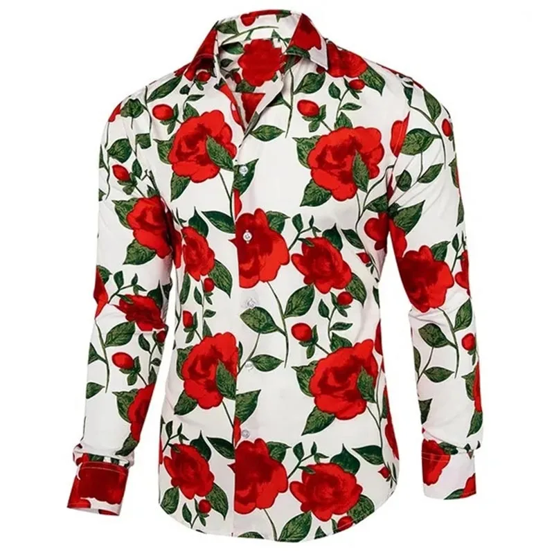 Flower Men Long Sleeve Printed Shirts For Mens Social Luxury Man Designer Clothes Hawaiian Fashion Elegant Classic Tees Women