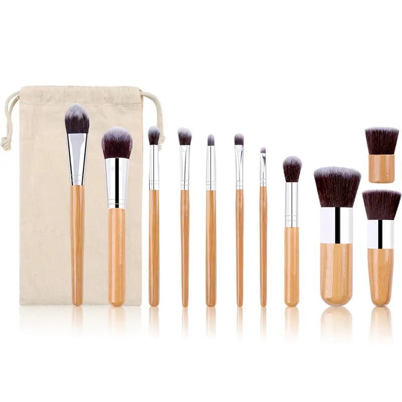 Conjunto de pincéis de maquiagem com cabo de bambu natural, 11 peças, base de alta qualidade, mistura de cosméticos, conjunto de ferramentas de maquiagem com bolsa de algodão