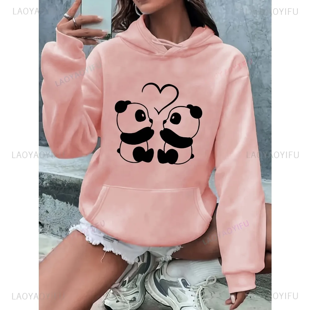 Adorable Sweet Panda Cp Print Hoodie Women's Clothing Cozy Drawstring Kangaroo Pocket Sweatshirt Relaxed Fit Keep Warm