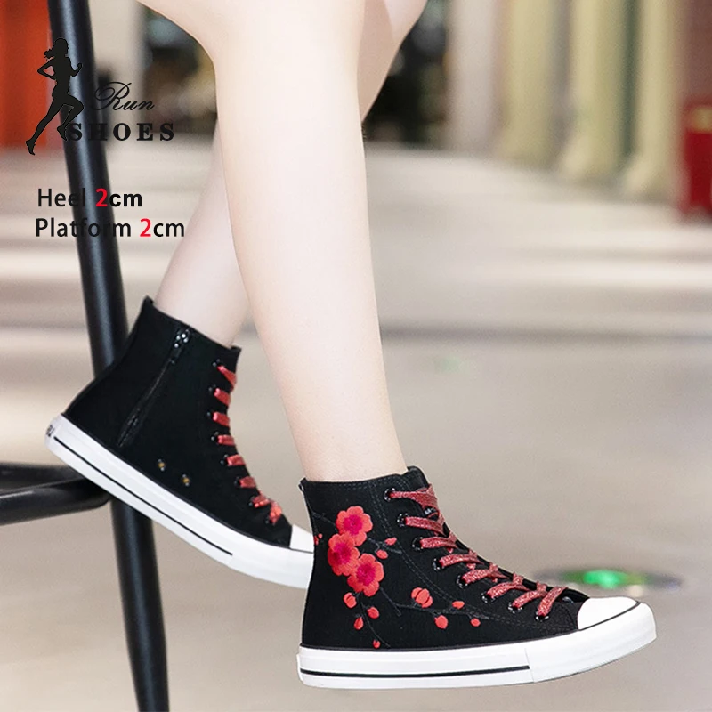 Canvas Shoes For Women Outdoors Walking White Lace-up Zip Flats Spring Summer Embroidered Ladies Shoes High Top Sneakers Woman