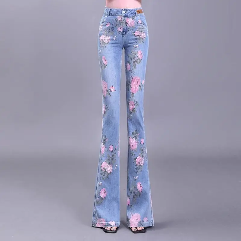 

Women's 2026 Vintage Printed Flare Jeans High Waist Slim Fit Bell Bottoms Casual Denim Pants Spring Autumn New Fashion