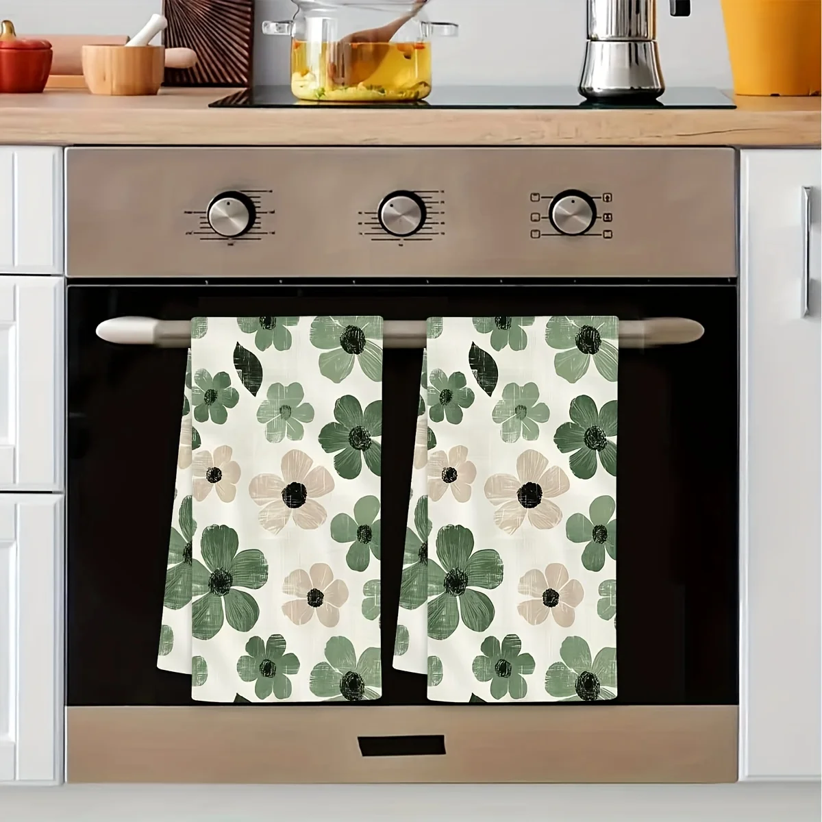 2Pcs, Sage Green Floral Kitchen Towels, 40Cm*60Cm Towel Set, Super Absorbent Soft Cleaning Cloth, Cooking and Baking Tea Towel, Hand Towel, Cleaning Cloth, Dishcloth, Kitchen Decoration, Living Room Decoration, Kitchen Essentials, Home Essentials