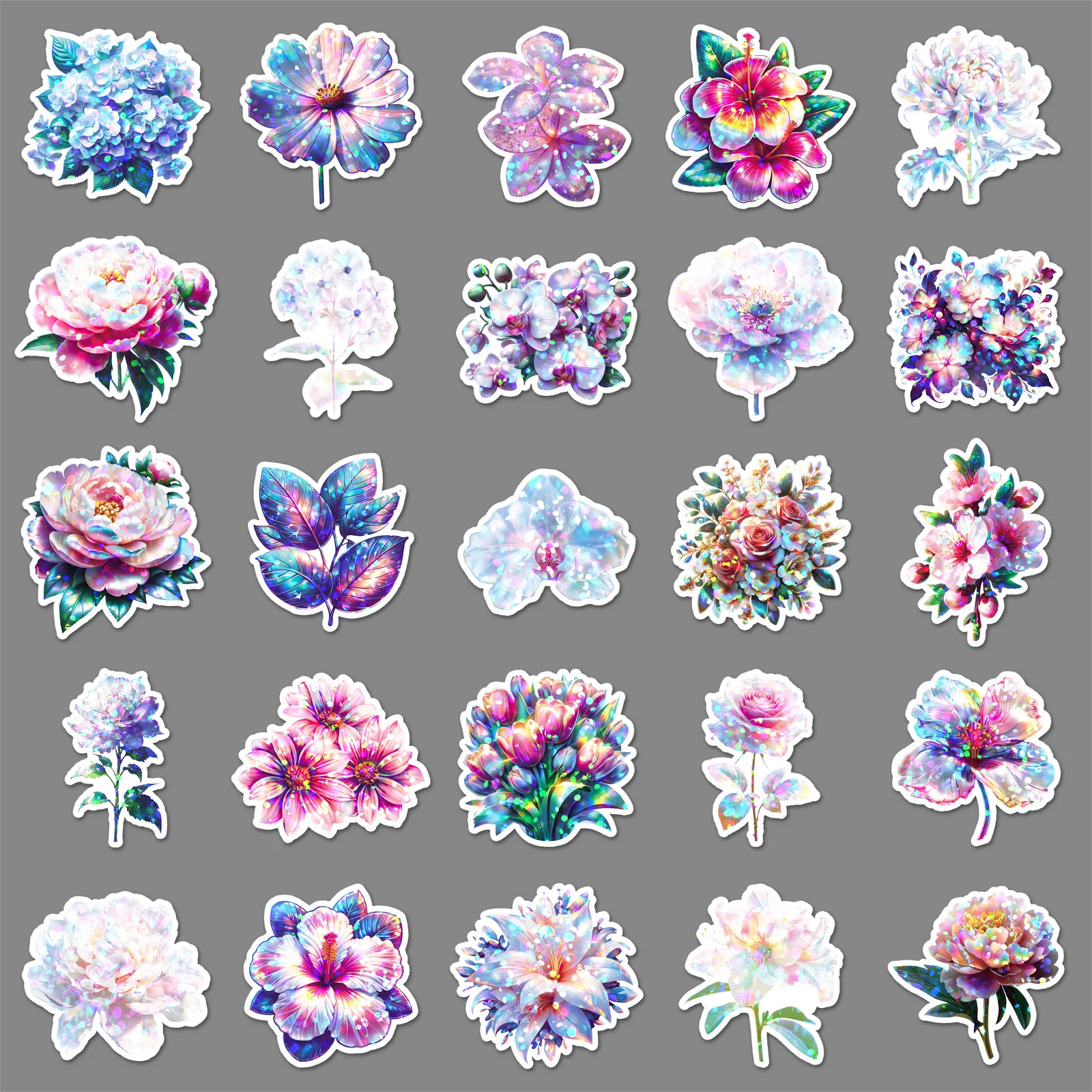 

50PCS Laser Style Colorful Flowers Holographic Flowers Plant Decorative Water Cup Laptop Suitcase Waterproof Stickers Kids Toy