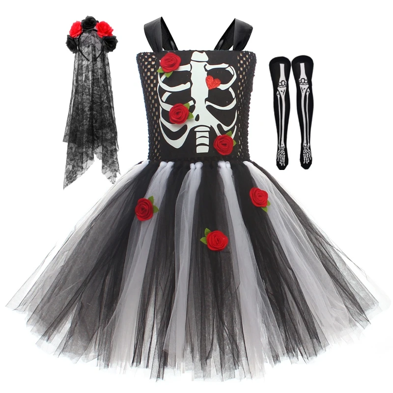  for Scary Skeleton Halloween Costume Girls Zombie Corpse Bride Tutu Dress Children Day of The Dead Rose Bone Ghost Dress Up