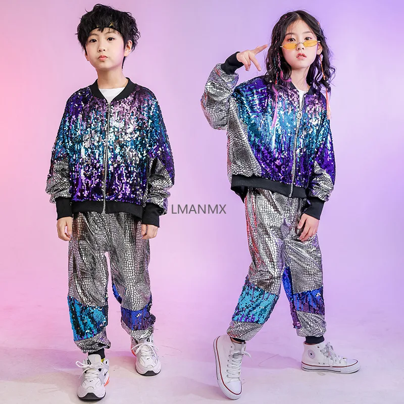 Vêtements Hip Hop pour enfants, manteau à paillettes, veste ample, pantalon argenté pour filles et garçons, costume de danse Street Jazz, vêtements Performan