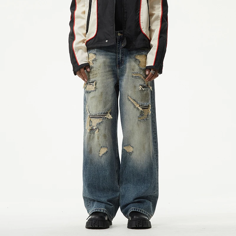 Herfst nieuwe gebroken gaten patch patch herenjeans mode losse grote rechte gewassen trend vuile broek herenmodellen broek