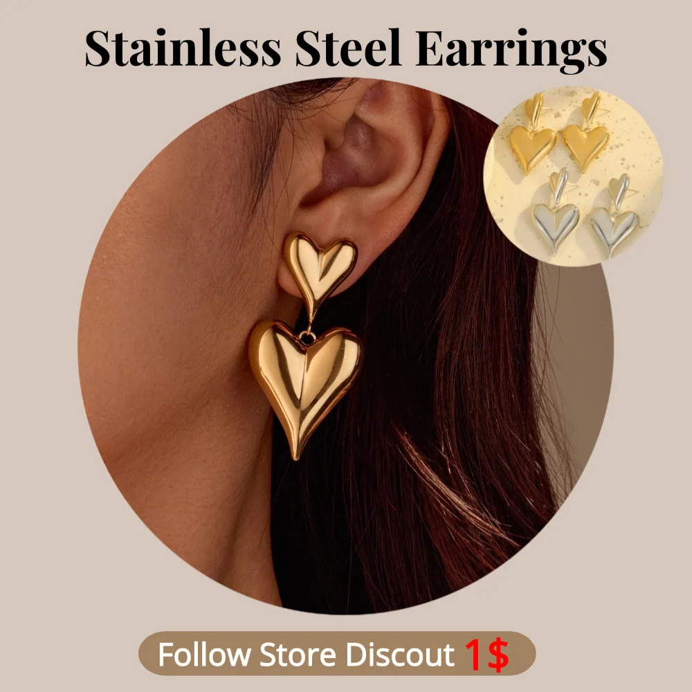 Stainless Steel Double Heart Earrings Plated 18k Gold Non Tarnish Waterproof Trendy Fashion Jewelry Earrings For Women Gift