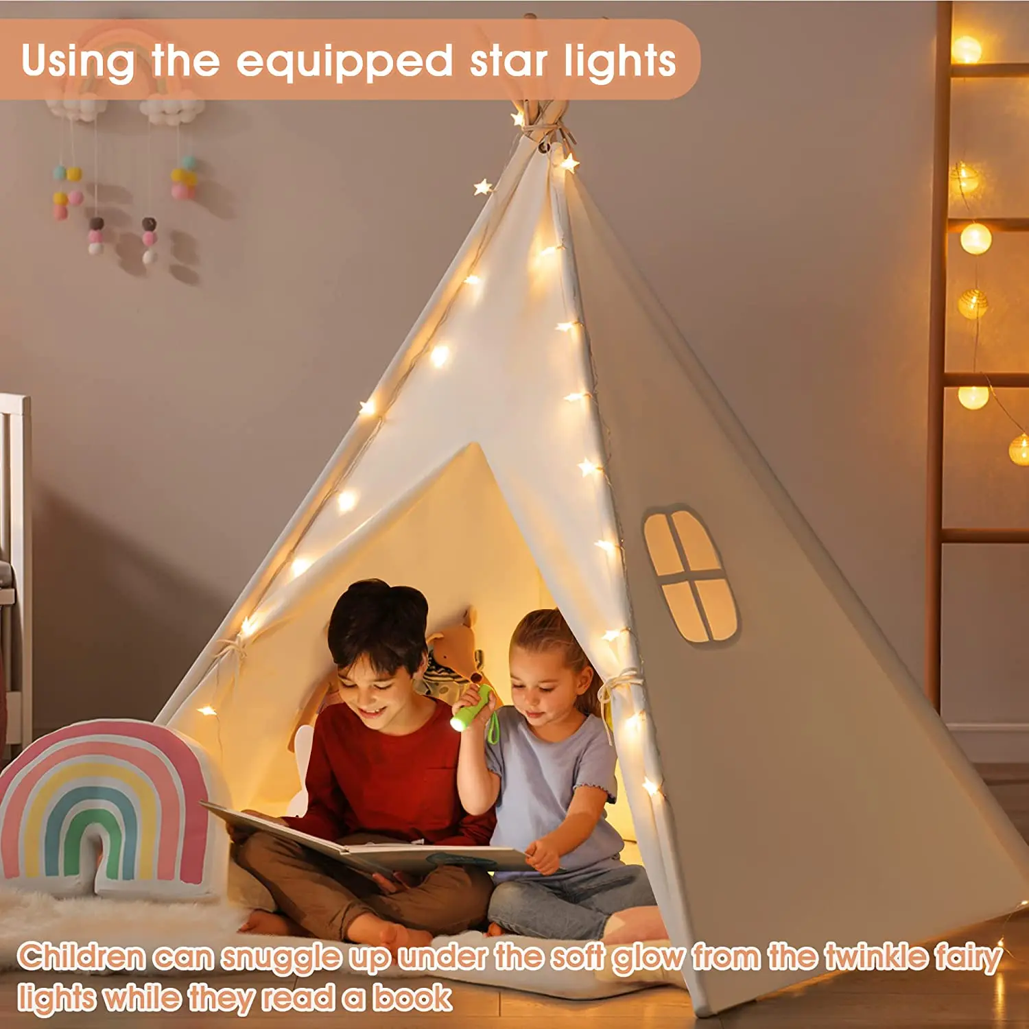 Tienda Tipi para niños, Tipi portátil, casa Infantil para niña, Cabana, decoración, alfombra, luces LED