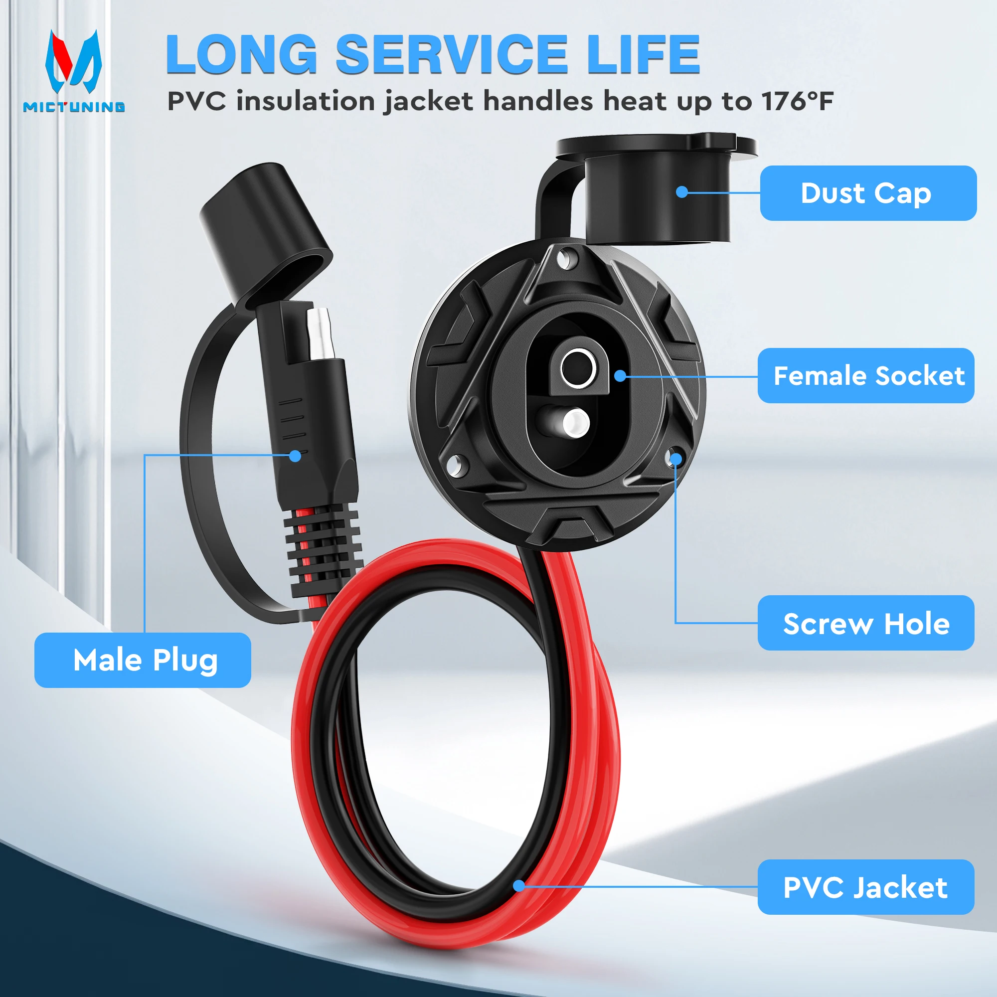 MICTUNING 1FT SAE Socket Sidewall Port to Male Plug,12V-24V Power Cord Quick Connector Extension Cable Harness, Waterproof