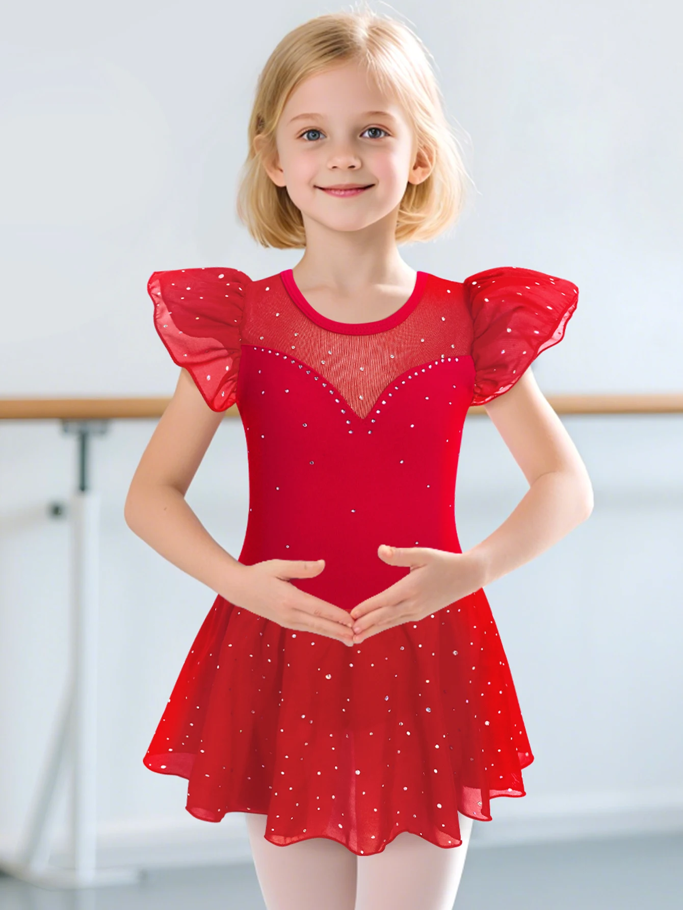 Girls Ballet Leotards Ruffle Sleeve Sparkle Tutu Skirt Leotard Toddler Ballerina Mesh Dance Dress Kids Gymnastics Costume