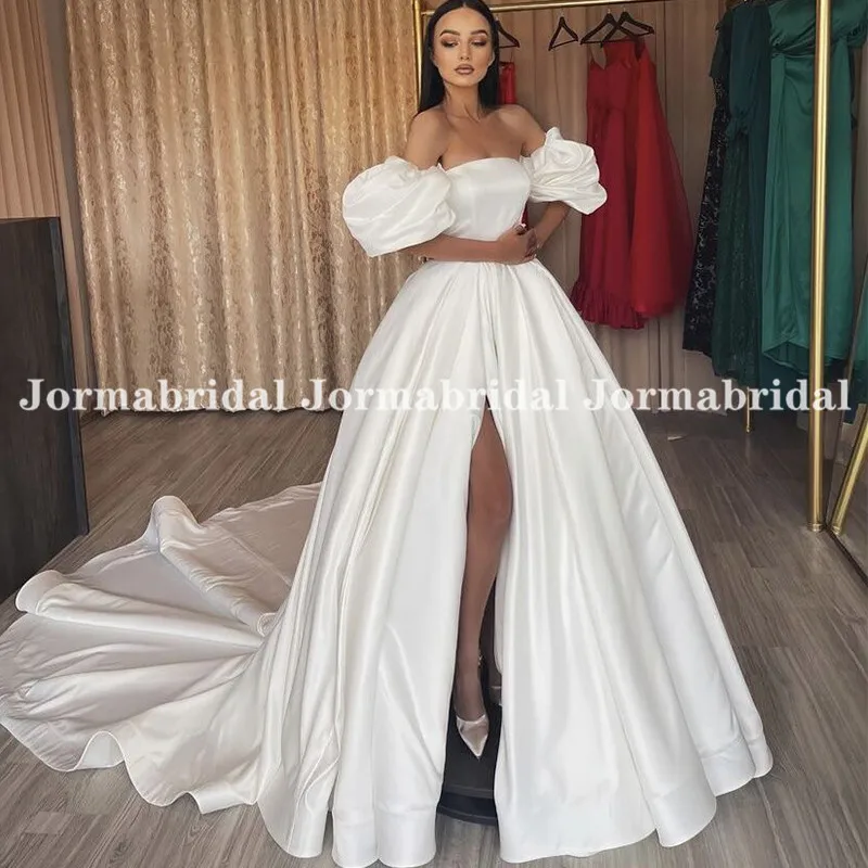 Frente lado alto dividir vestidos de casamento sem alças mangas puff vestidos de noiva cetim a linha princesa vestido de noiva 2022 novia