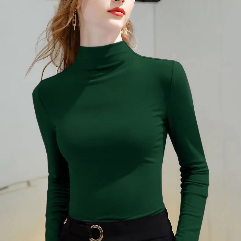 1pcs Women Spring Autumn Thin Long-sleeved T-shirt  Lady Thermal Underwear Slim Fit Fashion Casual Style Half High Collar Top