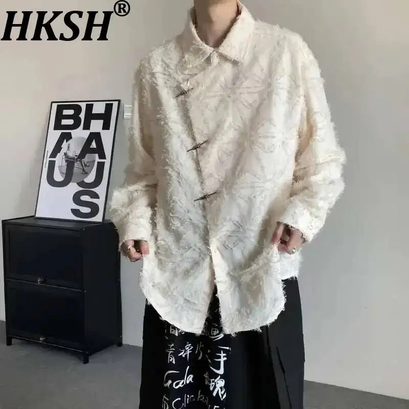 HKSH Men's Tide 2024 Spring New Chinese Chic Vintage Style Shirt Niche Tassels Edge Design Loose Draped Fashion Chic Tops HK0060