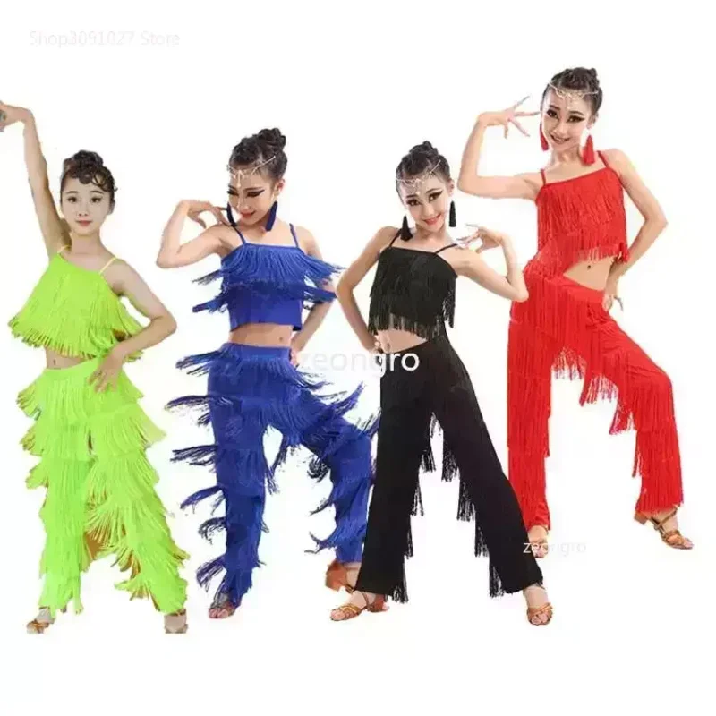 

Kids Latin Dance Costumes Ballroom Plus Size Fringe Tassel Dress Pants Girls Sequin Salsa Samba Children Stage Outfits Costume