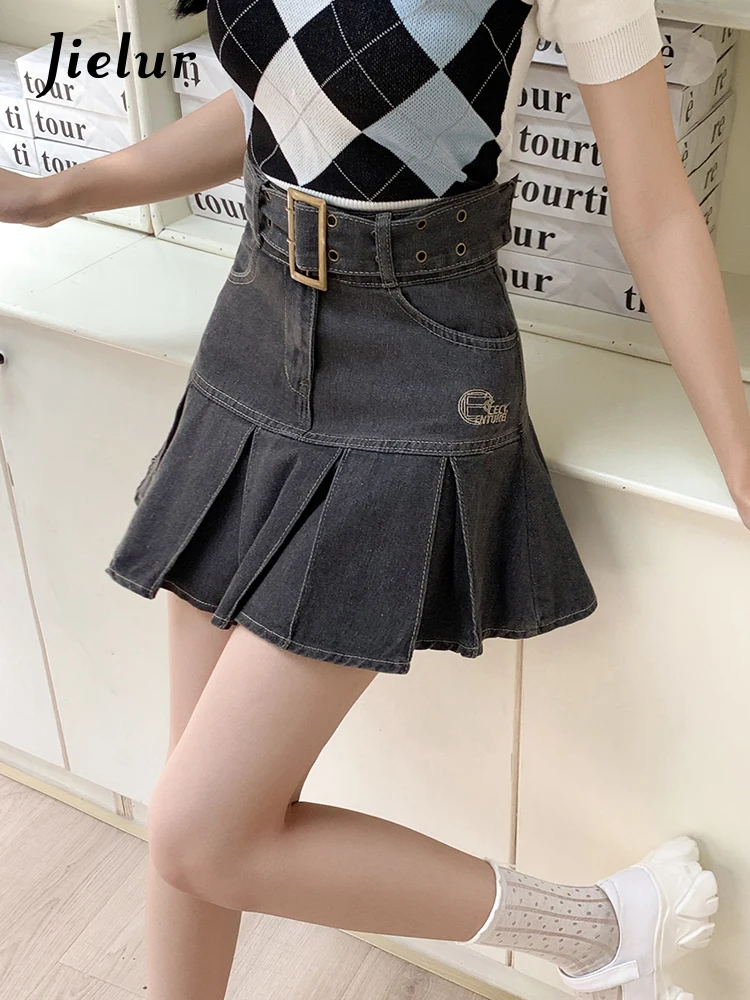 Jielur Casual Embroidery High Waist Denim Skirt Women Summer Black-gray Short Skirts Female Preppy Style A-Line Mini Skirts Lady