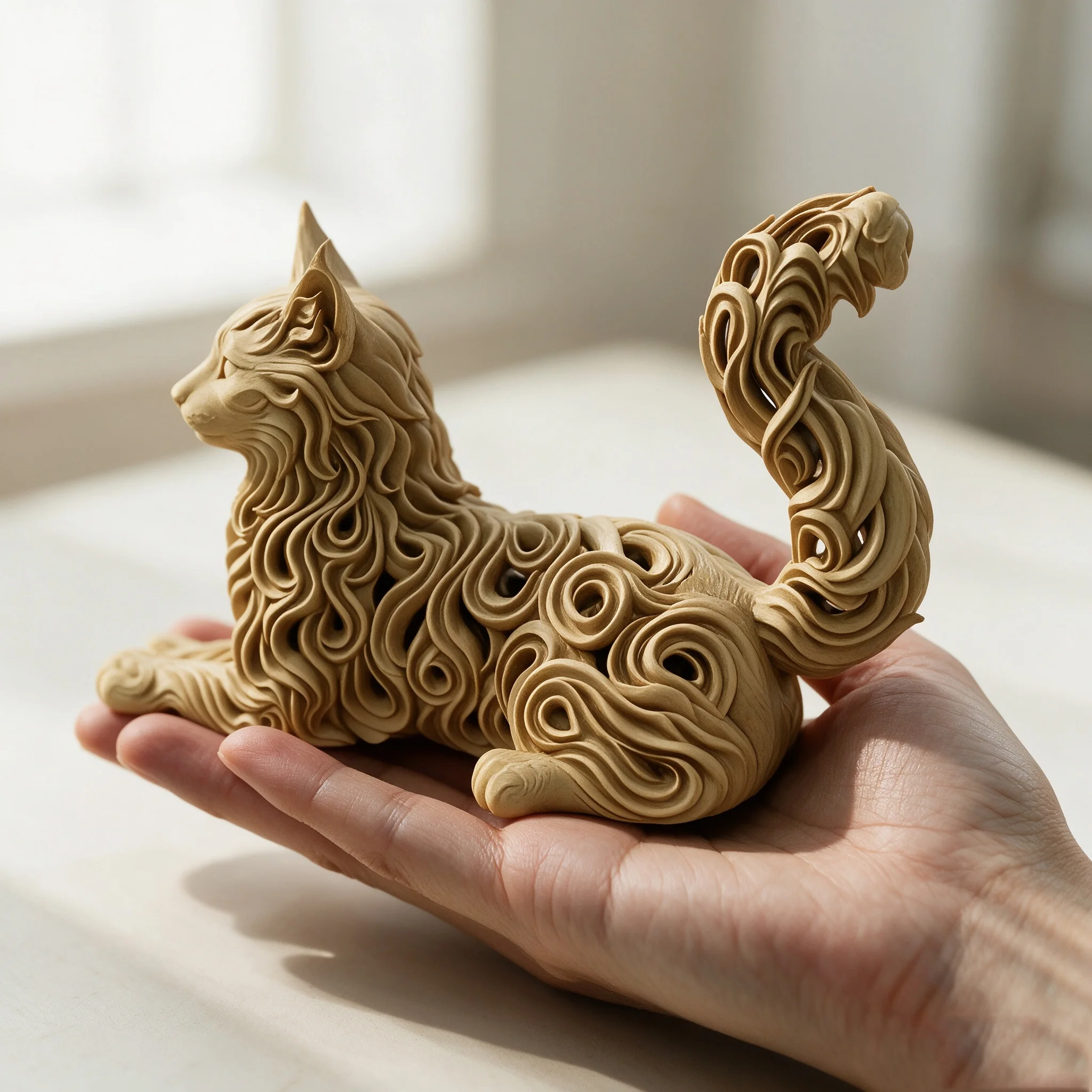 3D Printing Maine Coon Cat Statue Hollow Curly Pattern Cat Figurine Desktop Ornament Home Office Decor Art Gift for Cat Lovers
