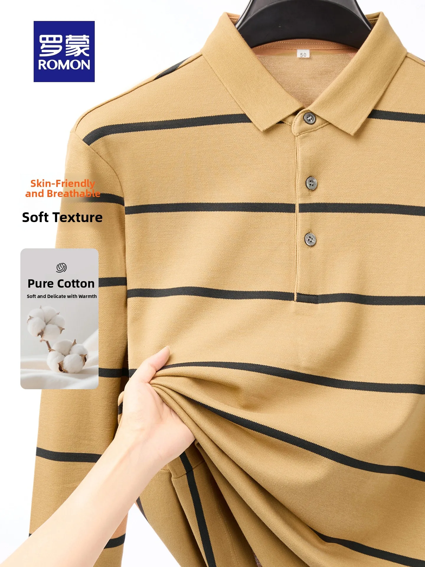 Pure Cotton Men's  Shirt Thin Casual Breathable Striped T-shirt Romon Dad Style Autumn Collection Button Knitted Long Sleeve