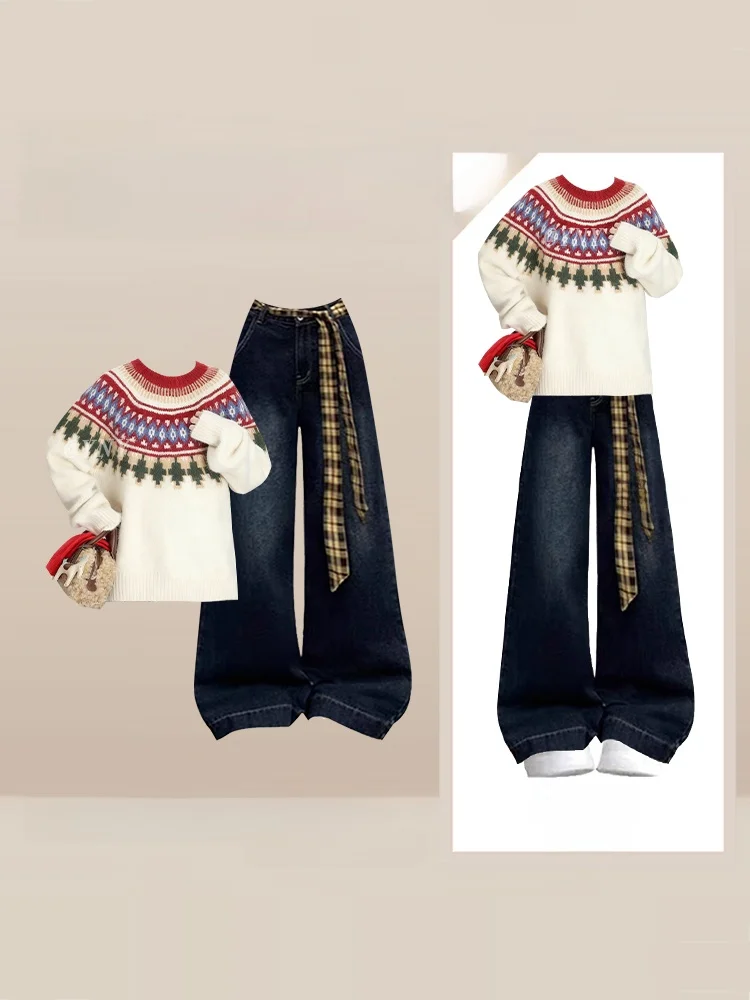 Ele Cisas Pattern Knitted Sweater And Jeans Women's Faion Set High Waist Long Pants round Ne Long Sve Casual S...