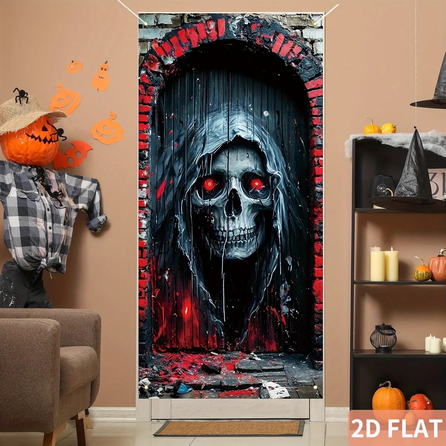 Flaga zewnętrzna 2D płaski szkielet czaszka, nakładka na drzwi na Halloween, straszna horrorowa impreza, baner na gank z czaszkami z filmów grozy