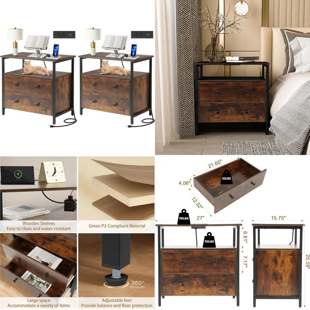 قاعدة شحن منضدة 27 عريضة، رف مفتوح ودرجين، طاولة خشبية صغيرة بجانب السرير، طاولة جانبية نهائية لغرفة النوم