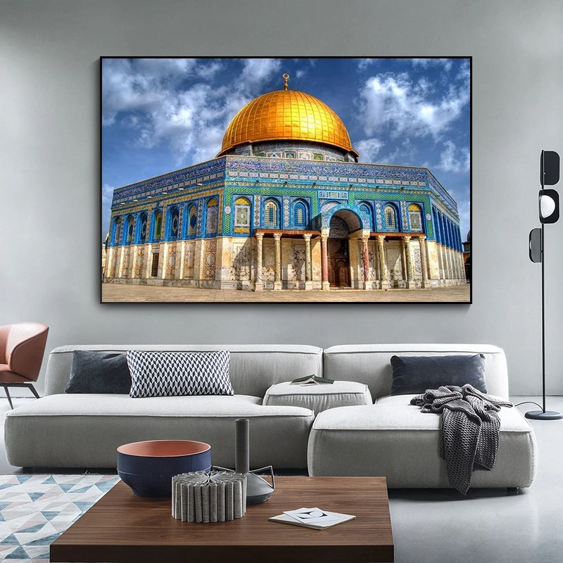 Masjid Al Aqsa and Dome of The Rock Poster Wall Art Realist Mosque Canvas HD Print Muslim Picture for Living Room Decor Painting