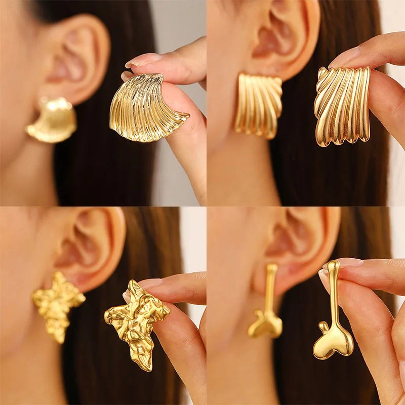 Stainless Steel Wrinkled Gold Color Earrings For Women Metal Earing Jewelry 2024 Trending NEW Vintage Square Heart Earrings JN9