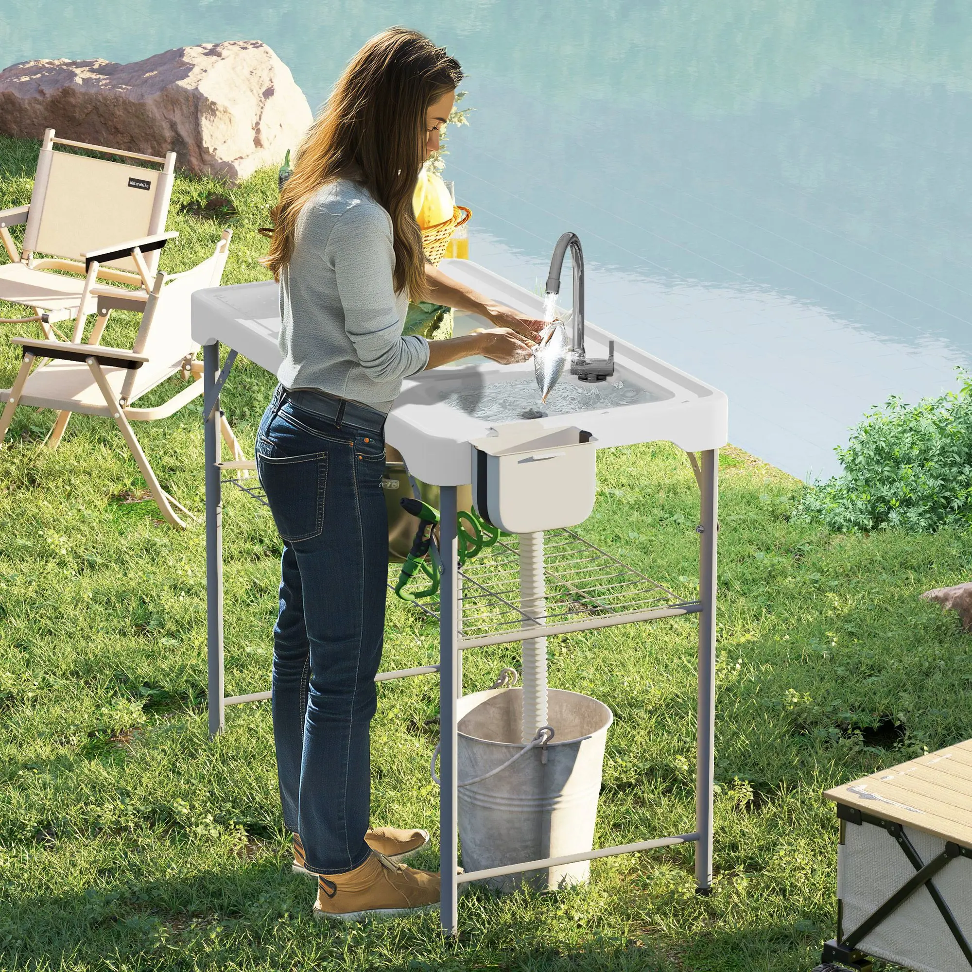 

For Folding Fish Cleaning Table with Sinks, Portable Camping Sink Table with Faucet, Drainage Hose, Sprayer, Shelf, Drawer and S