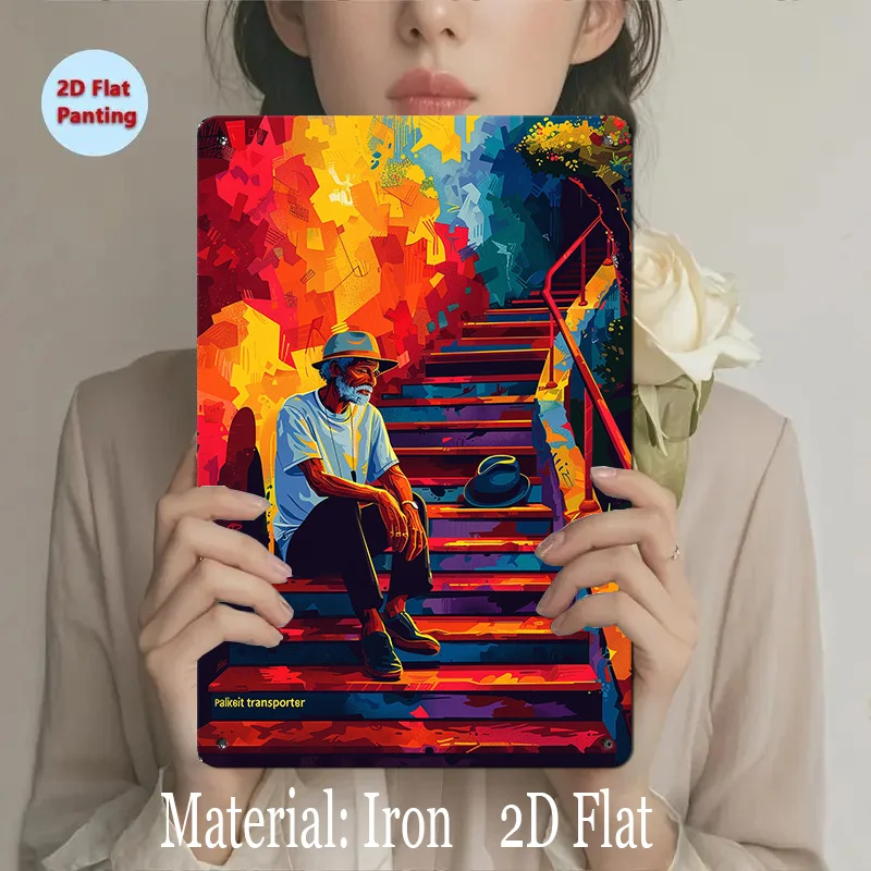 Vibrant Pop-Art Staircase Scene Metal Sign -  Iron Wall Hanging Decor with Old Man in Hat, Colorful Geometric Background, Perf