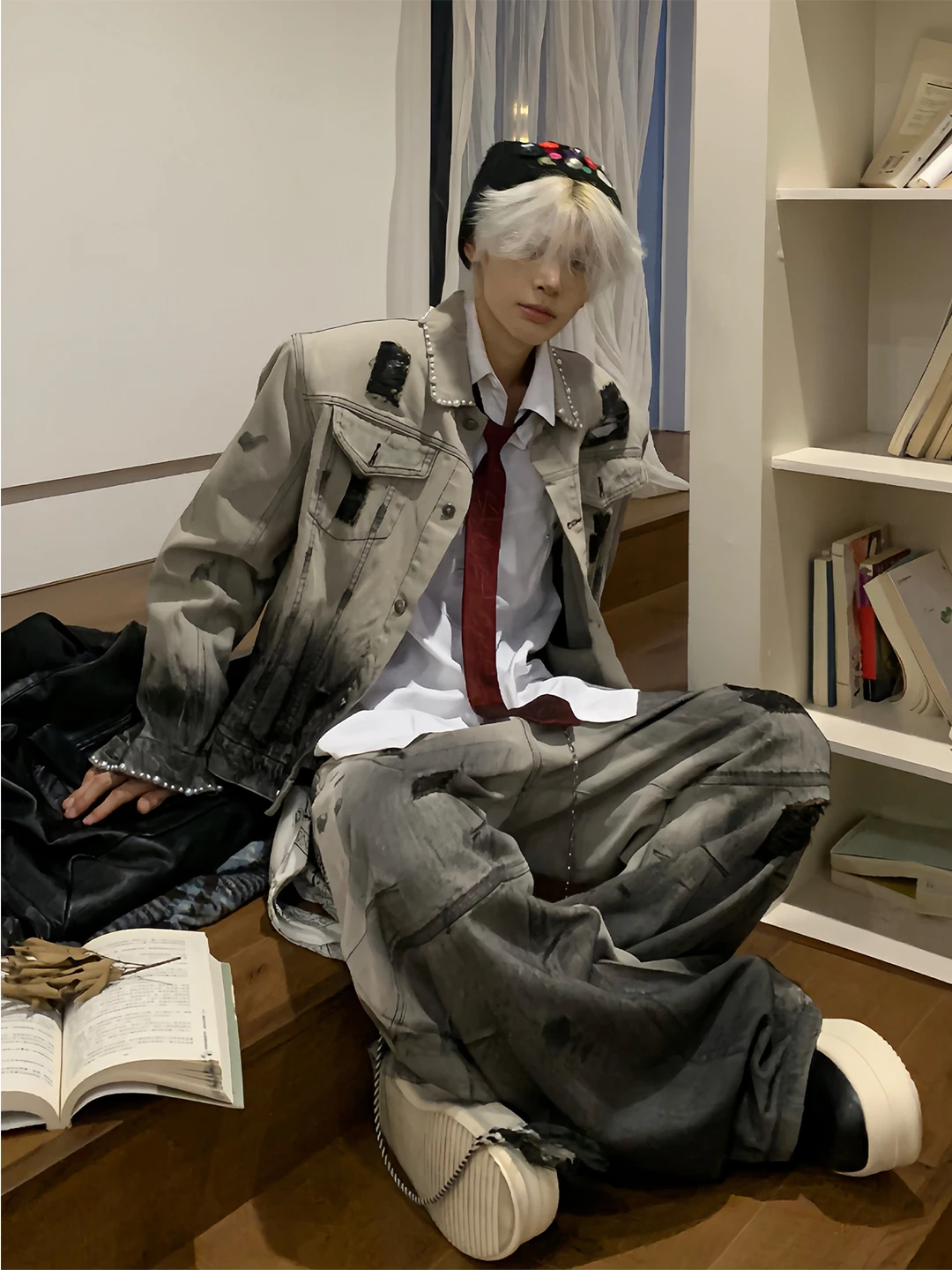 

Джинсовый тюнер с жемчугом, свободный крой, дизайн с отверстиями для окрашивания, мужской комплект Faion, повседневная высококачественная верхняя одежда