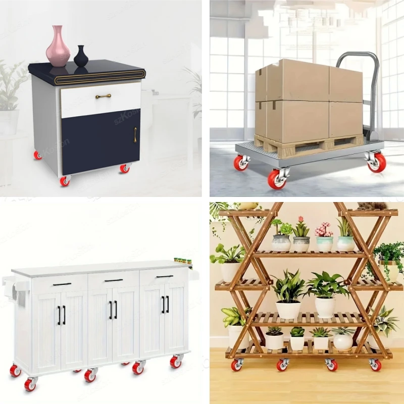 Rodízio de móveis de 4 tamanhos, 1-2 polegadas, pvc, vermelho, universal, giratório, roda de rolo para plataforma, acessório de carrinho