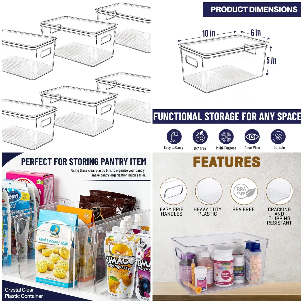 

Clear Stackable Plastic Storage Bins with Lids for Kitchen, Pantry & Cabinet Organization