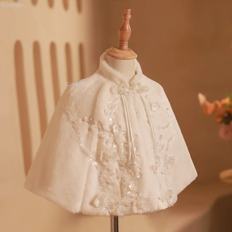 

Girls Costumes Winter Warm Thick Shawl White Bridal Children Flower Show Outerwear Kids Clothes Girl Wedding Pageant Fashion