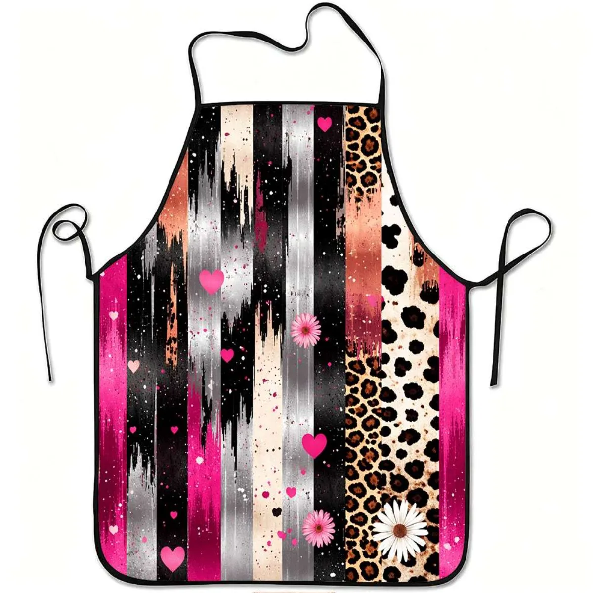 An Apron Designed With Pink Hearts, Flowers, And Leopard Print, Made From Durable And Easy-To-Clean Polyester, Featuring An Adju