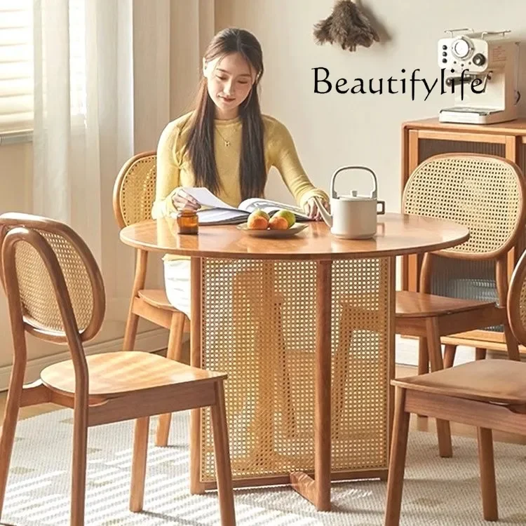 Household Small Apartment round Solid Wood Rattan Dining Table Balcony Coffee Table Negotiation Simple Coffee Shop Table