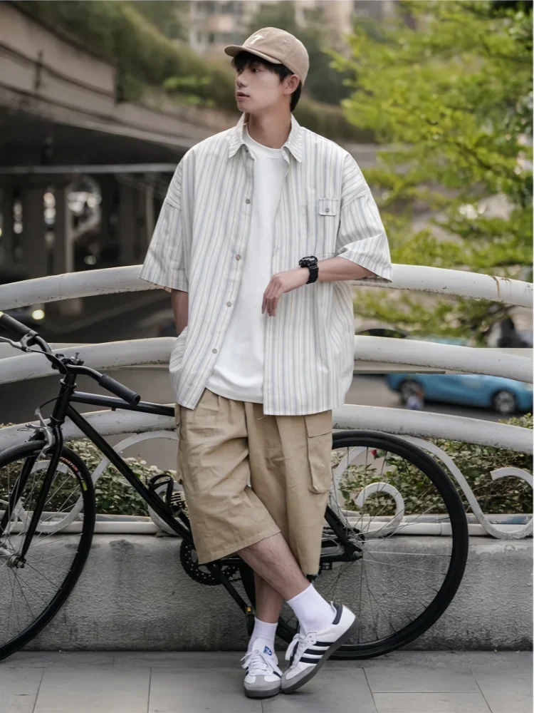 Summer Men's Retro Short Sleeve Striped Shirt Top Fashion Loose Fitting Versatile Handsome Casual Half Sleeve Shirt Jacket