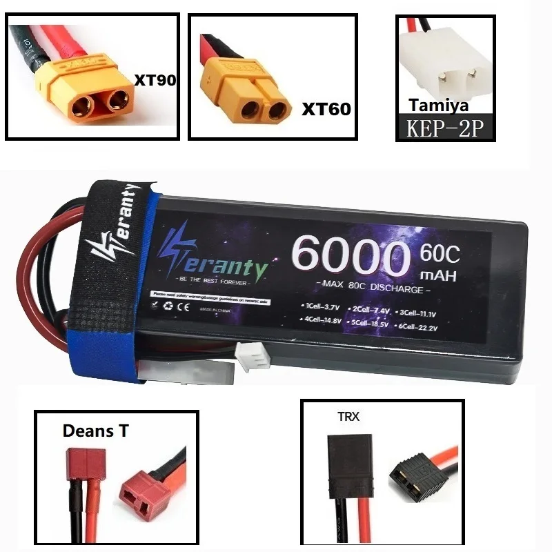 

1/2PCS Teranty 2S Lipo Battery 6000mAh 7.4V 60C For RC Vehicles Buggy Truggy Crawler Monster Truck Car with TRX XT90 Dean T XT60