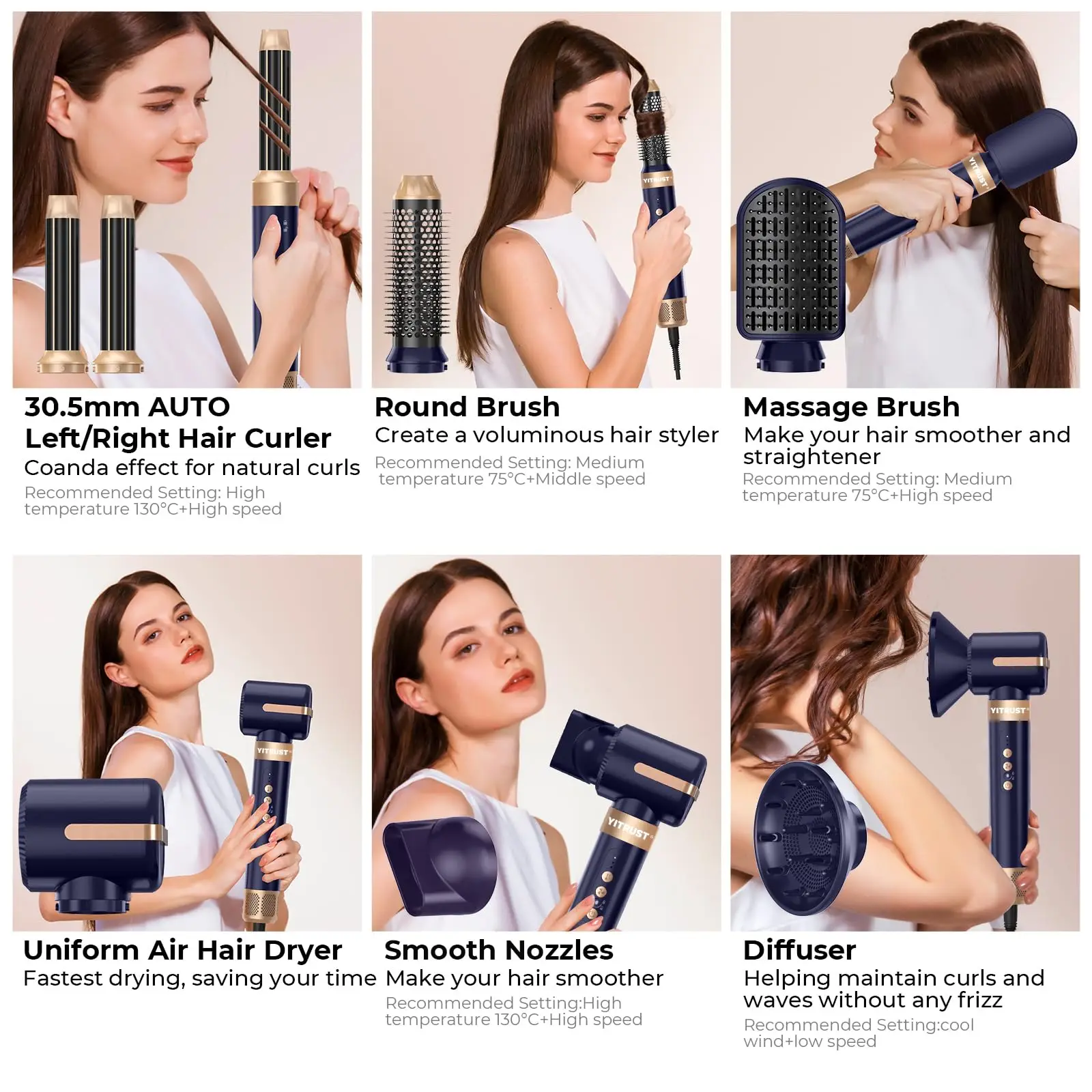 7 في 1 فرشاة مجفف الشعر فرش عالية السرعة مجفف الشعر مع الناشر الأيونية مجفف للنفخ الهواء الساخن تصفيف مشط السيارات مموج الشعر
