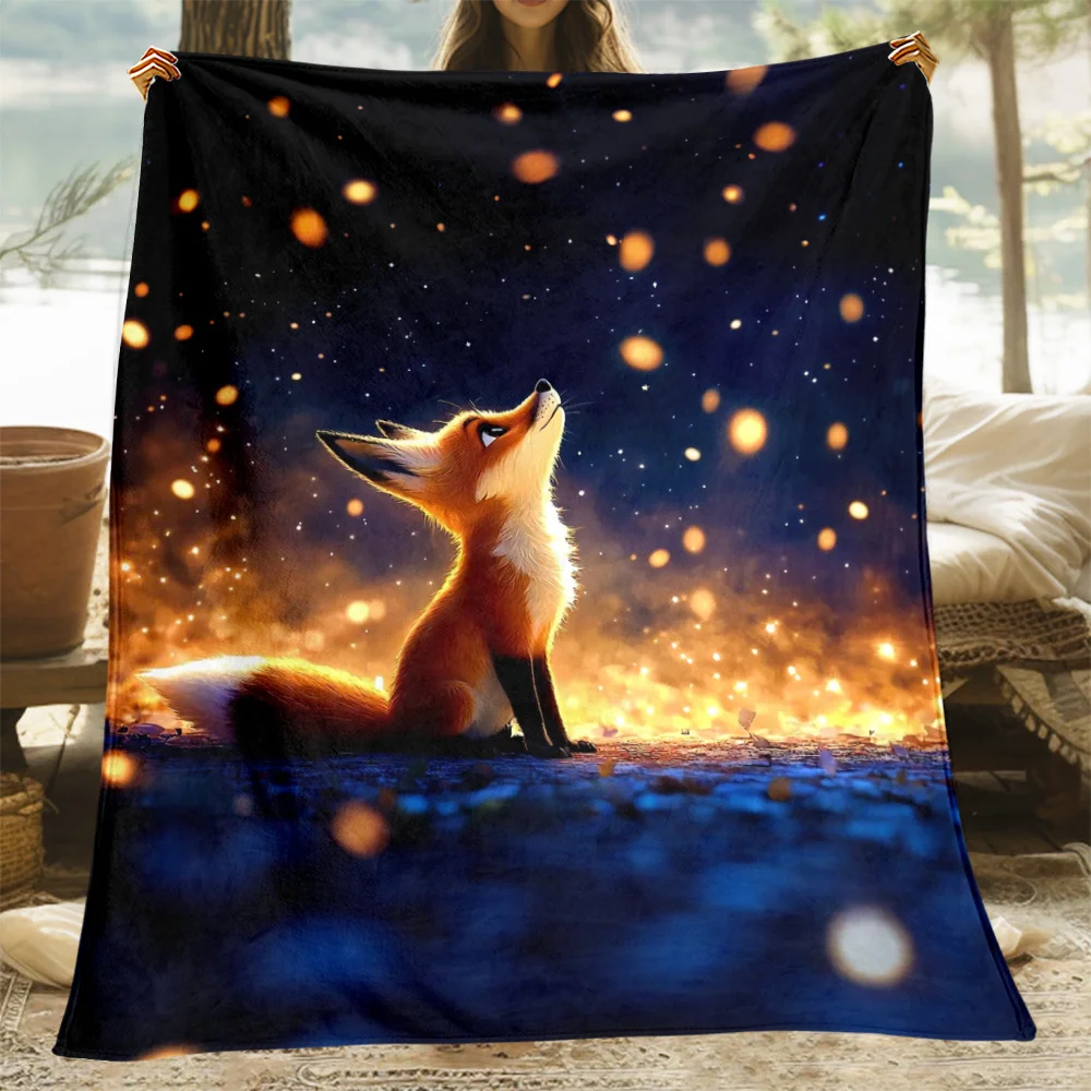 Fantasy Fireflies Fox Throw Blanket Cute Animal Night Sky Sparkle Bokeh Pattern Vivid Warm Cover For Sofa Accent Chair